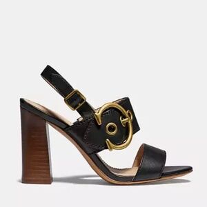 COACH Black Leather Sandal Gold Buckle Robin